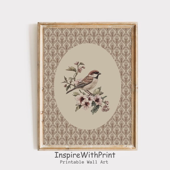 Vintage Sparrow Bird Print, Bird with Flower Wall Art, Neutral Nature Bird Art Printable Farmhouse Wall Decor, Antique Cottage Core Print, Size 8x12 UNFFRAMED F03.1.5l1438