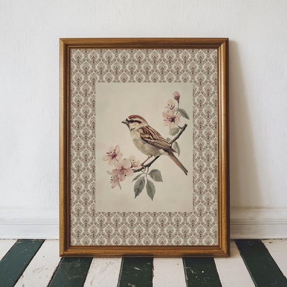 Vintage Sparrow Bird Wall Art Print, Flower, Neutral Nature Farmhouse, Antique Cottage Core, Botanical Bedroom And Living Room Decor