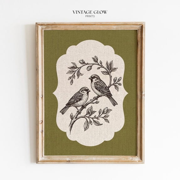 Vintage Sparrow Engraving Poster, Botanical Bird Illustration, Olive ...