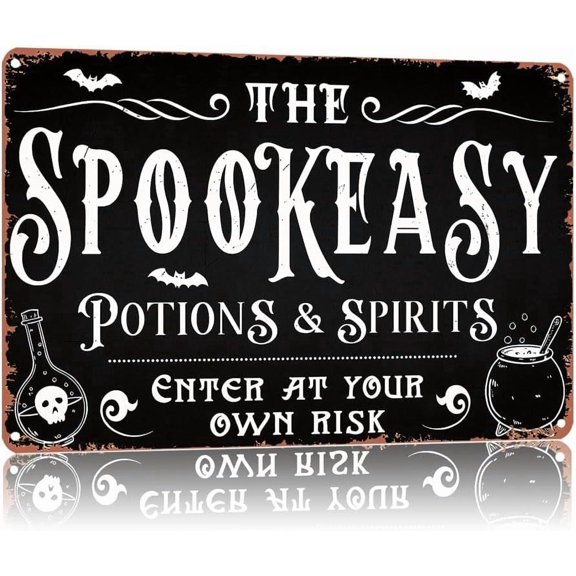 Vintage Spookeasy Potions Spirits Halloween Ations Metal Signs Text Art Poster Home Wall Decor, Suitable for Bedroom, Living Room, Bar, Restaurants, Fence, Etc., Warning Sign, 8x12 Inch