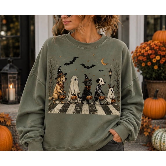 Vintage Spooky Animal Parade Shirt, Ghost Cat Dog Crewneck, Trick or Treat Sweatshirt,Military Green Color,Size M