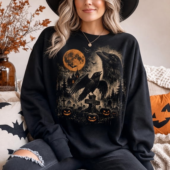 Vintage Spooky Full Moon Crow Graveyard Sweatshirt
