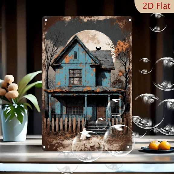 Vintage Spooky Halloween House Wall Art, 8x12 Inches Metal Print with Faded Blue Peeling Paint, Full Moon, Black Cat on Roof, Ghost Figure, Overgrown Yard, Rustic Eerie Home Decor