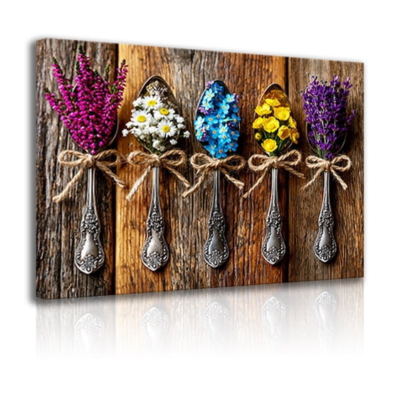 Vintage Spoon Canvas Print with Decorative Frame – Featuring Five Exquisite Spoons, Colorful Wildflowers, and Twine Bows; Floral Art Suitable for Farmhouse Kitchen and Dining Room Wall Decor