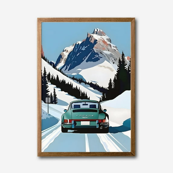 Vintage Sports Car Mountain Drive Canvas Wall Art, Classic Porsche Print, Snowy Alpine Landscape, Modern Home Decor