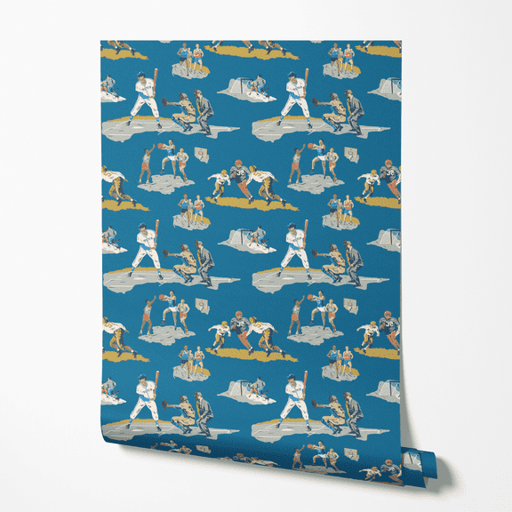 Vintage Sports Scenes on Blue Peel and Stick Wallpaper- Sample