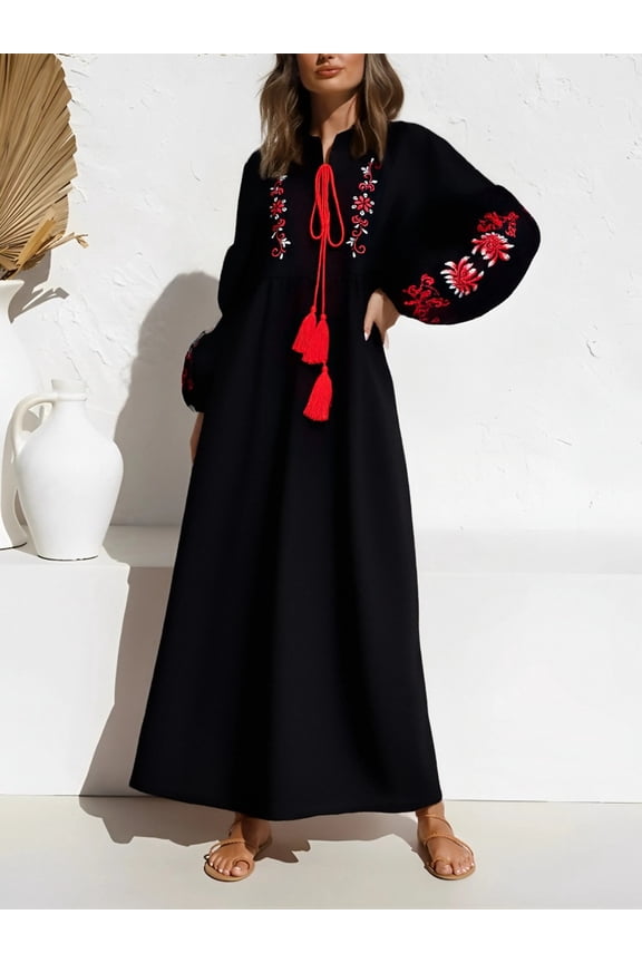 Vintage Spring Autumn 2025 Women Retro Floral Emberoidery Linen Cotton Vacation Bohemian Lantern Sleeve Lady Boho Dress Robe