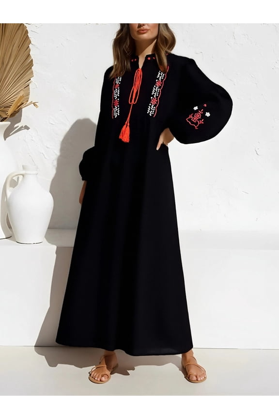 Vintage Spring Autumn Women Retro Floral Emberoidery Lantern Sleeve Beach Bohemian Maxi Dress Linen Cotton Boho Dress Robe