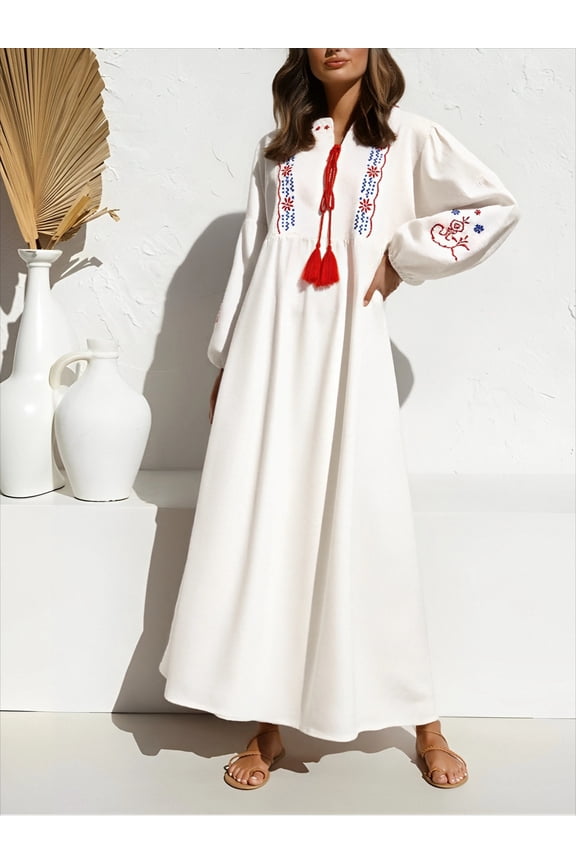 Vintage Spring Autumn Women Retro Floral Emberoidery Lantern Sleeve Beach Bohemian Maxi Dress Linen Cotton Boho Dress Robe