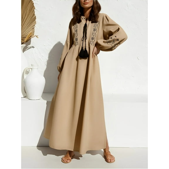 Vintage Spring Autumn Women Retro Floral Emberoidery Lantern Sleeve Beach Bohemian Maxi Dress Linen Cotton Boho Dress Robe