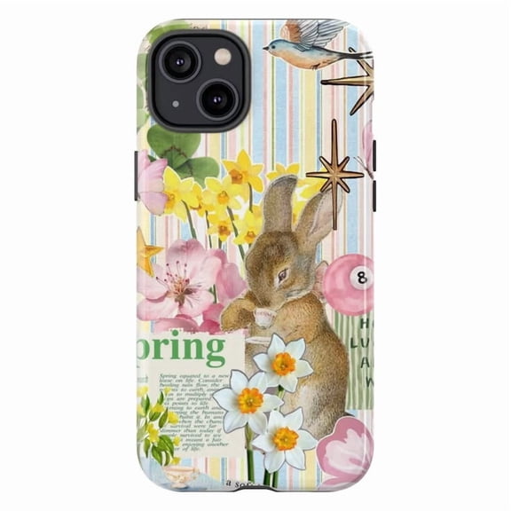 Vintage Spring Bunny Rabbit Phone Case with Daffodils and Botanical Floral Art, Compatible with iPhone 17, 16, 15, 14, 13, 12, 11, Pro Max, Plus, Mini