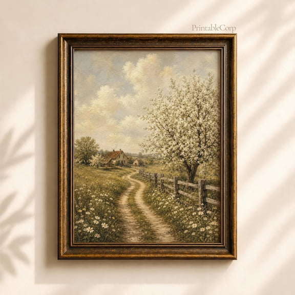 Vintage Spring Countryside Rustic Farmhouse Wall Art Cottage Core Meadow Landscape Print Blooming Blossom Tree
