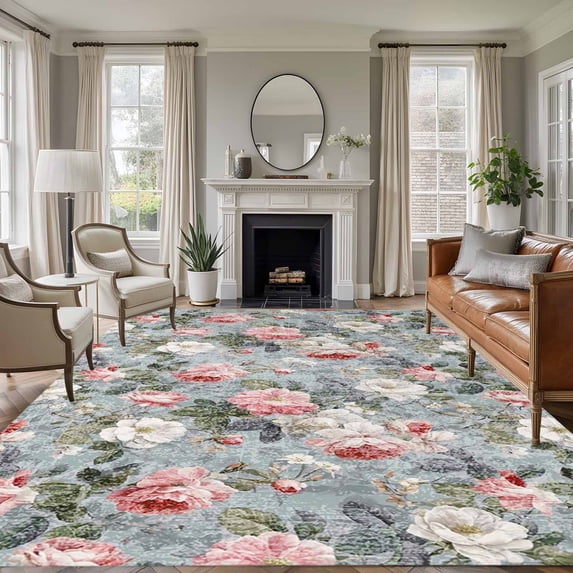 Vintage Spring Floral Area Rug 5x8 Washable Rug Non Slip Summer Botanical Watercolor Large Area Rug Soft Stainresistant Indoor Floor Carpet for Living Room Bedroom Home Office Dining Room Nursery