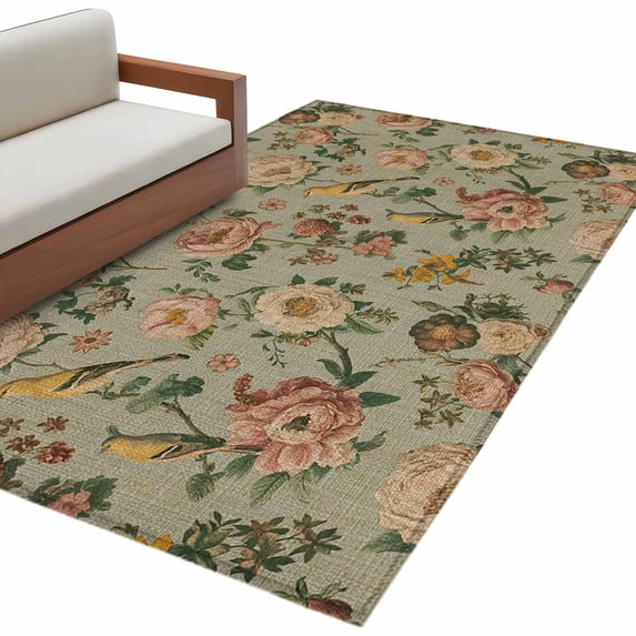 Vintage Spring Floral Area Rugs Collection 2.7'x5', Farmhouse Flowers Green Vintage Non Slip Indoor Rectangle Throw Runner Rug Floor Mat Carpet for Living Room Dining Table Bedroom Nursery