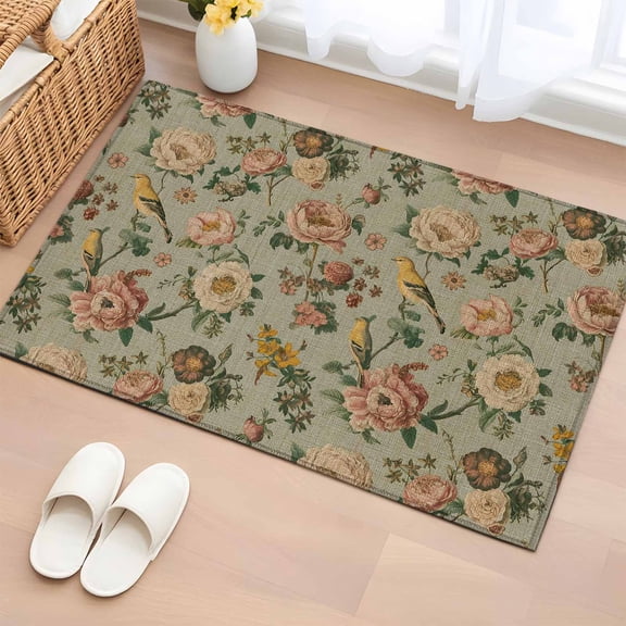 Vintage Spring Floral Bathroom Rug Washable 2x3 Entryway Rug Non Slip Farmhouse Flowers Green Vintage Front Door Mat Low Pile Indoor Doormat Throw Floor Carpet for Kitchen Bedroom Entrance