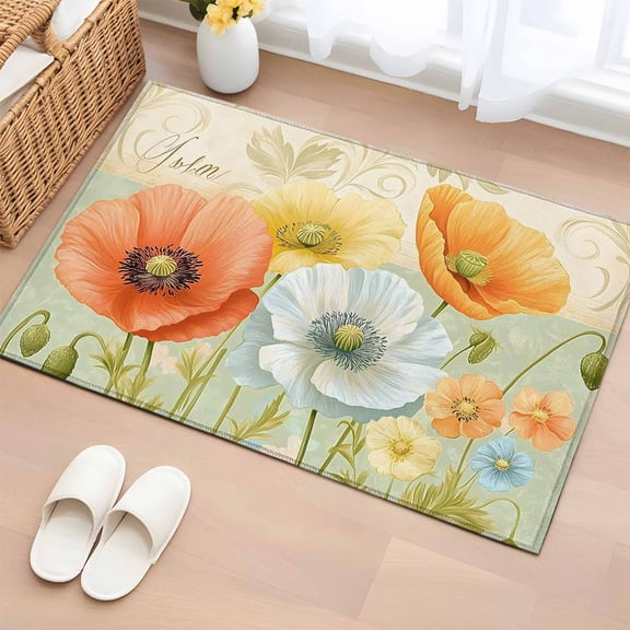 Vintage Spring Floral Bathroom Rug Washable 2x3 Entryway Rug Non Slip Watercolor Elegant Summer Botanical Front Door Mat Low Pile Indoor Doormat Throw Floor Carpet for Kitchen Bedroom Entrance