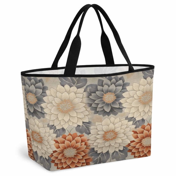 Vintage Spring Floral Beach Bag for Women, Large Breathable Mesh Beach Tote Bag, Orange Grey Watercolor Flower Sandproof Lightweight Travel Bags for Vacation Picnic Swimming Pool 15.7"x15.7"x9.1"