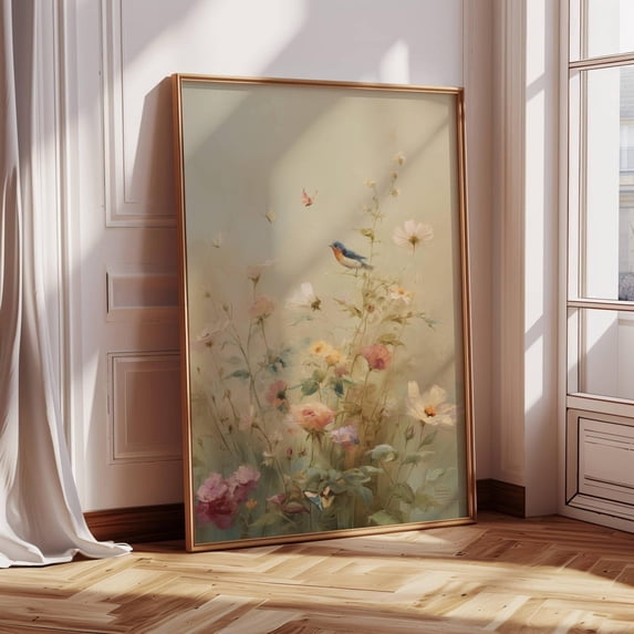 Vintage Spring Floral Bird Wall Art Cottagecore Meadow, Unframed Canvas 24x36in