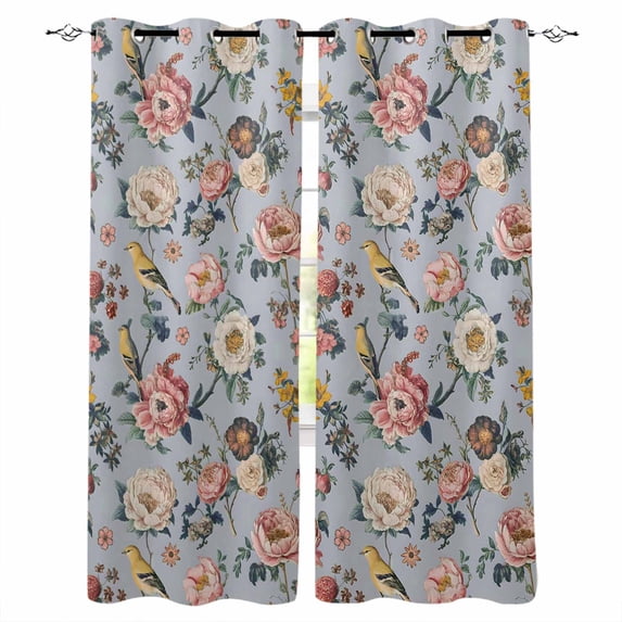 Vintage Spring Floral Blackout Curtains for Bedroom 45 Inch Length 2 Panels Set, Farmhouse Flowers Blue Vintage Thermal Insulated Energy Saving Window Treatment Curtains Blackout Drapes 52"x45"