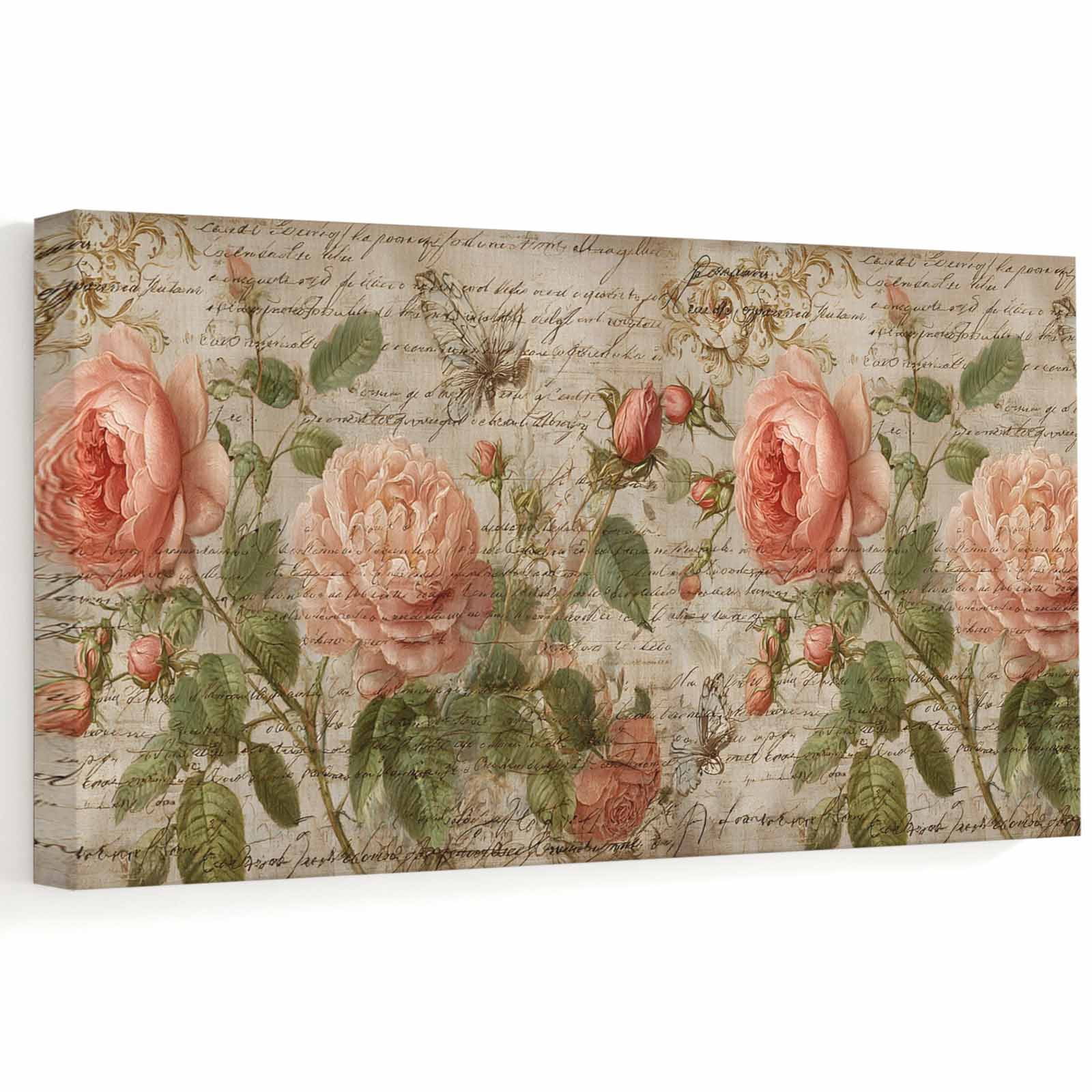 Vintage Spring Floral Canvas Wall Art 40" x 20" Pink Rose Rustic ...