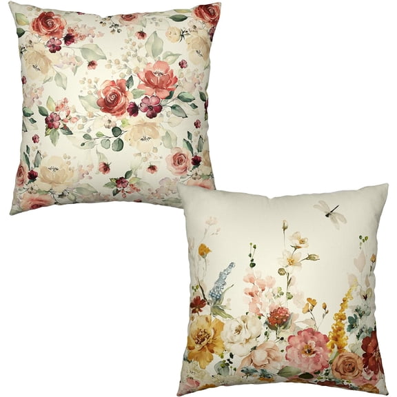 Vintage Spring Floral Decorative Throw Pillow Covers 18x18 Inch Set of 2 Watercolor Flowers Pillow Cases Outdoor Colorful Rose Blossom Square Cushion Case for Farmhouse Living Room Decor