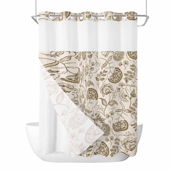 Vintage Spring Floral No Hook Shower Curtain Waterproof, Bathroom Curtains with Snap in Liners and See Through Top Window, Summer Botanical Farmhouse Hotel Style Bathtub Curtains Shower 72"Wx96"L
