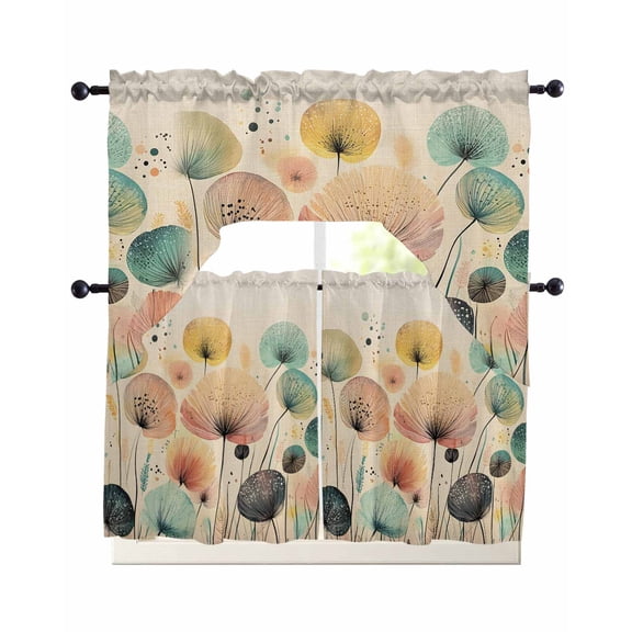 Vintage Spring Floral Kitchen Curtains Sets 36 Inch Length with Valance, Summer Botanical Abstract Art Rustic Swag Valances and Tiers Curtain Set Drapes Swag Curtains for Living Room, Bathroom