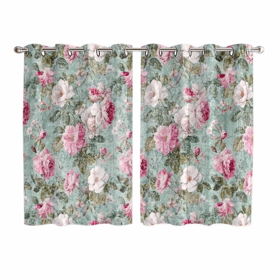 Vintage Spring Floral Kitchen Curtains Window Panels, Botanical Summer Pink Green Insulated Window Treatment Curtain, Grommet Curtains for Bedroom/Living Room/Bathroom, 2 Piece 52"Wx63"L