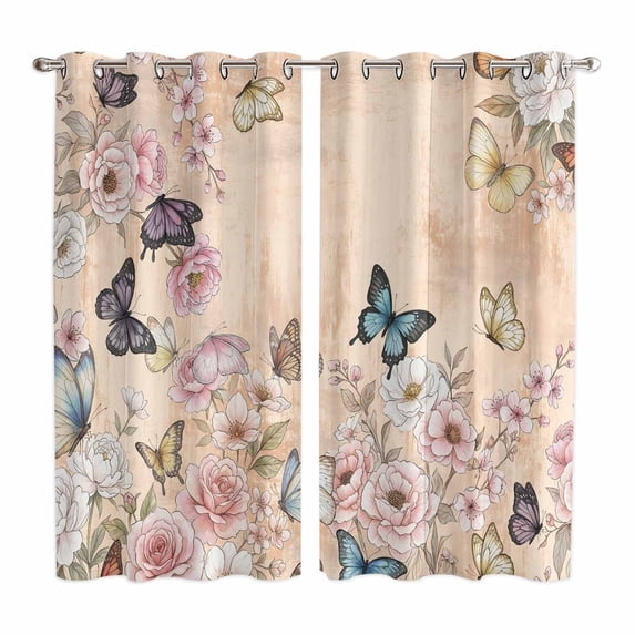 Vintage Spring Floral Kitchen Curtains Window Panels, Elegant Flowers Butterflies Farmhouse Insulated Window Treatment Curtain, Grommet Curtains for Bedroom/Living Room/Bathroom, 2 Piece 42"Wx63"L