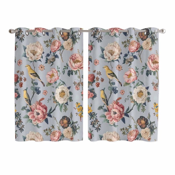 Vintage Spring Floral Kitchen Curtains Window Panels, Farmhouse Flowers Blue Vintage Insulated Window Treatment Curtain, Grommet Curtains for Bedroom/Living Room/Bathroom, 2 Piece 52"Wx63"L