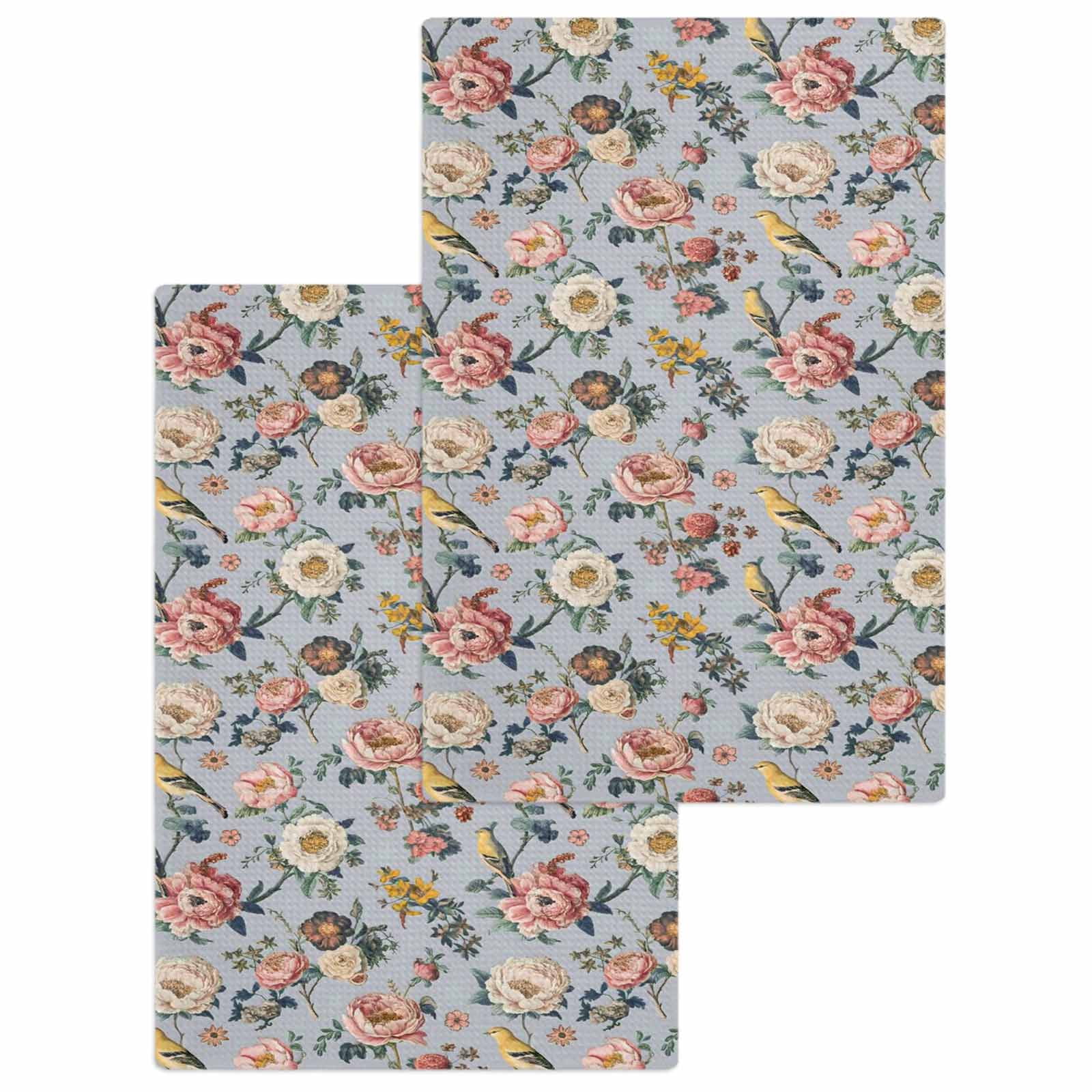 Vintage Spring Floral Kitchen Dish Towels for Drying Dishes Set of 2, Farmhouse Flowers Blue Vintage Waffle Weave Microfiber Hand Tea Bathroom Towels Quick Dry & Absorbent Towel 15.7x23.6