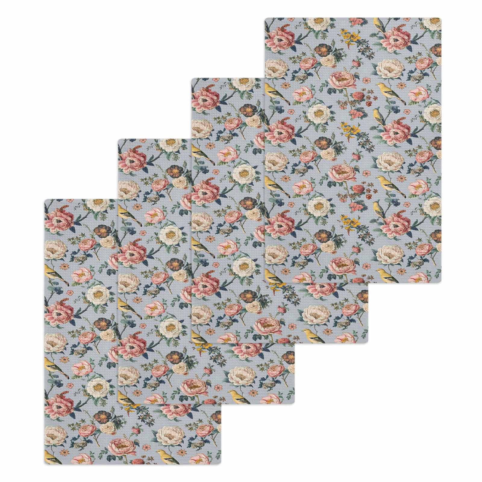 Vintage Spring Floral Kitchen Dish Towels for Drying Dishes Set of 4, Farmhouse Flowers Blue Vintage Waffle Weave Microfiber Hand Tea Bathroom Towels Quick Dry & Absorbent Towel 15.7x23.6
