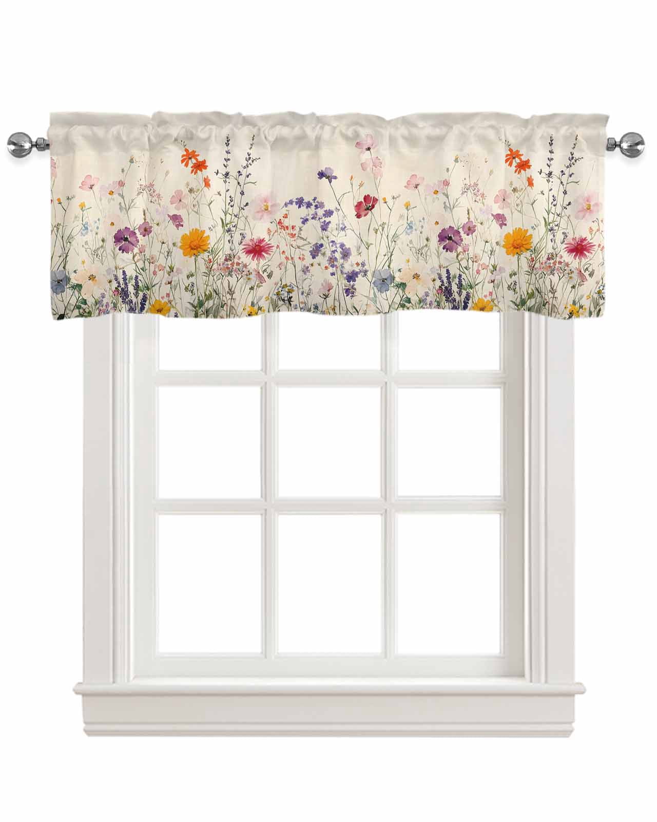 Vintage Spring Floral Kitchen Valances for Windows Farmhouse Linen Window Valance Curtain for Living Room Window Treatment Summer Botanical Flowers Valance Rod Pocket Topper Drape, 60 x 18 Inch