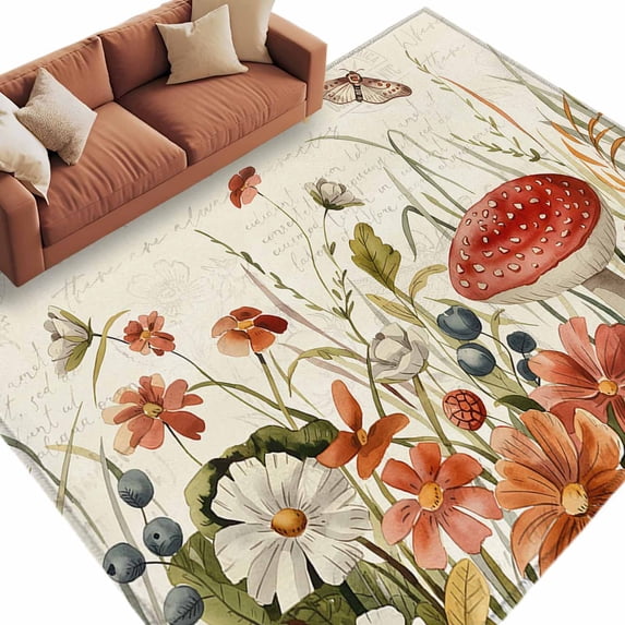 Vintage Spring Floral Large Area Rugs for Bedroom Living Room, Soft Non Slip Carpet Bedside Rug, Summer Botanical Red Rectangular Floor Cover Kitchen Accent Rug 6'x9' for Dining Room/Office