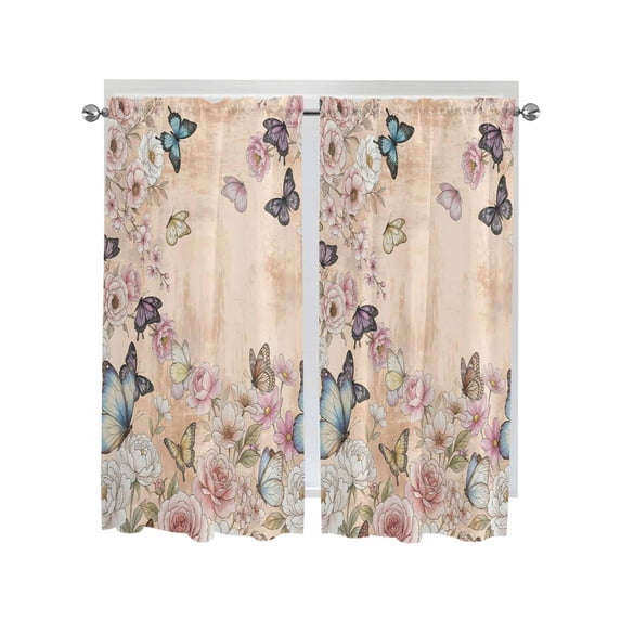 Vintage Spring Floral Living Room Curtains 2 Panel, Elegant Flowers Butterflies Farmhouse Cafe Window Treatment, Extra Long Farmhouse Bedroom Bathroom Kitchen Curtains Drapes 104"x72"