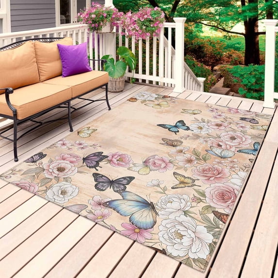Vintage Spring Floral Outdoor Rug 3x5 Ft, Non Slip Washable Area Rug, Elegant Flowers Butterflies Farmhouse Patio Rugs Carpet Runner, Large Floor Mat for Indoor/Outdoor Deck Porch Camping