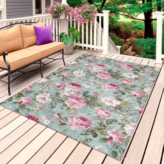 Vintage Spring Floral Outdoor Rug 6x9 Ft, Non Slip Washable Area Rug, Botanical Summer Pink Green Patio Rugs Carpet Runner, Large Floor Mat for Indoor/Outdoor Deck Porch Camping