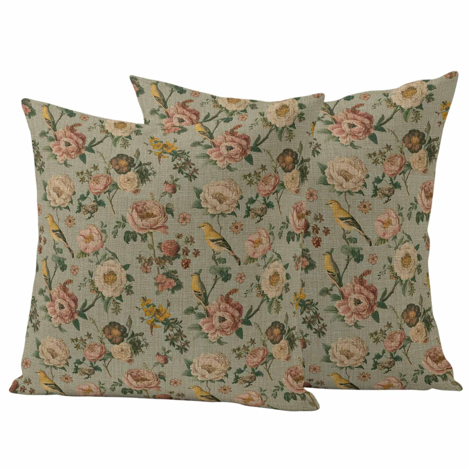 Vintage Spring Floral Outdoor Waterproof Pillow Covers, Farmhouse Flowers Green Vintage Decorative Square Throw Pillowcase Sofa Cushion Sham for Patio/Couch/Chair, 16"x16" 2 Pack