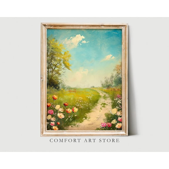 Vintage Spring Floral Print Wall Art Oil Painting Antique Printable Rustic Wildflower Field Landscape Nature Poster Easter Meadow Spring, Unframed Canvas Size 8x12