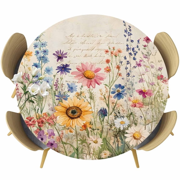 Vintage Spring Floral Round Tablecloth 45-54 Inch Round Fitted Table Cloth with Elastic Edge, Summer Botanical Watercolor Flowers Waterproof Table Cover Protector for Outdoor Picnic Party Dining