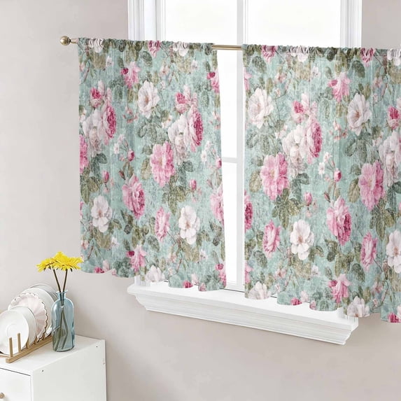 Vintage Spring Floral Sheer Curtains 45 Inch Length 2 Panels Set, Botanical Summer Pink Green Voile Window Treatment Rod Pocket Small Kitchen Curtains Drapes for Bedroom 52"x45"x2