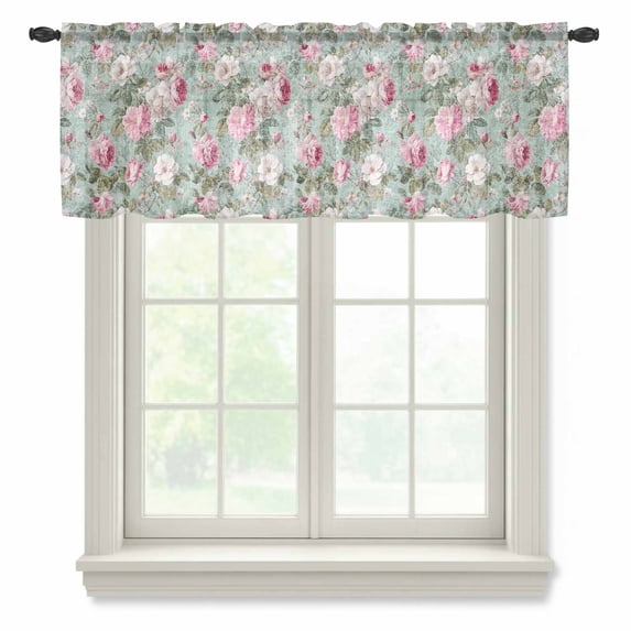 Vintage Spring Floral Sheer Curtains Valances for Windows Botanical Summer Pink Green Chiffon Kitchen Valances for Cafe, Rod Pocket Voile Window Treatments Curtains for Living Room Bedroom, 54"x18"