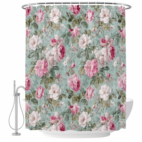 Vintage Spring Floral Shower Curtain Set - 72" x 78" Washable Bathtub Curtain with 12 Hooks, Botanical Summer Pink Green Waterproof Fabric Stall Shower Curtains for Bathroom/Bathtub Décor