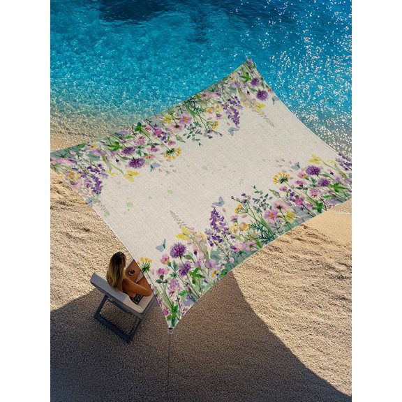 Vintage Spring Floral Sun Shade Sail 6.5' x 10', Purple Yellow Flower Butterflies Daisy Plant Rectangle Outdoor Sunshade Canopy, Waterproof UV Block Patio Covers for Garden Yard Beach