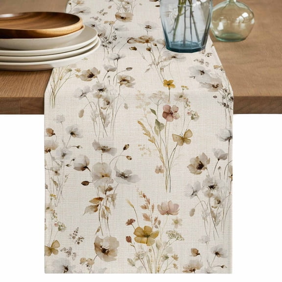 Vintage Spring Floral Table Runner, Summer Botanical Rustic Washable Cotton Linen Table Runners 36 Inches Long, Dresser Scarf Runner for Nightstand/End Tables/Round Tables 13''x36''