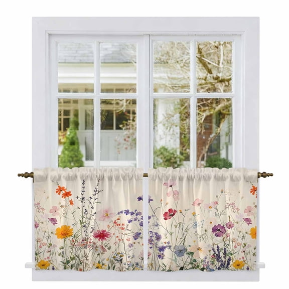 Vintage Spring Floral Tier Curtains, Summer Botanical Flowers Light Filtering Kitchen Curtains, 2Pcs Rod Pocket Half Window Treatments Panels for Sink Cafe Cabinet Camper 27.5x24 Inches