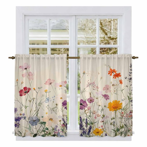 Vintage Spring Floral Tier Curtains, Summer Botanical Flowers Light Filtering Kitchen Curtains, 2Pcs Rod Pocket Half Window Treatments Panels for Sink Cafe Cabinet Basement 27.5x45 Inches
