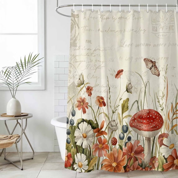 Vintage Spring Floral Waterproof Fabric Shower Curtain, Summer Botanical Red Waterproof Fabric Shower Curtain for Bathroom Curtains Bathtubs Hotel Washable Shower Curtains with 12 Hooks Small 36x72in