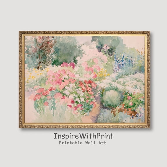Vintage Spring Flower Garden , French Country Cottage Landscape Art, French Summer Garden Print, Spring Wall Art, Size 12x18 UNFFRAMED F03.1.5l1378