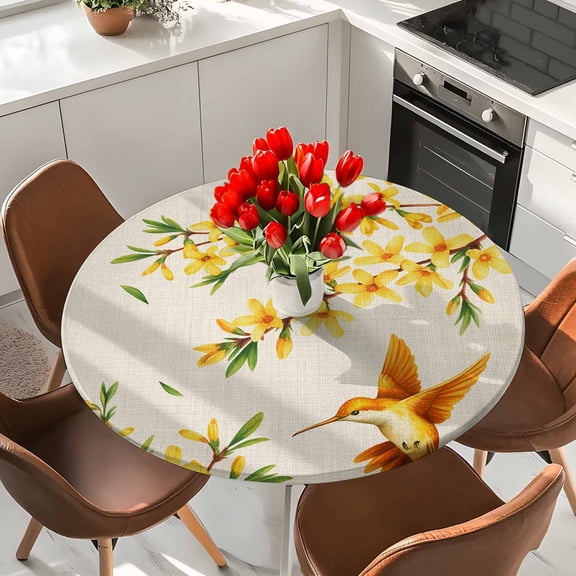 Vintage Spring Flowers on Linen Round Fitted Tablecloth with Elastic Edge,Waterproof Table Cloth Fits Tables Up to 36"-44",Washable Table Cover for Indoor Outdoor Dinning Party,Birds Leaves